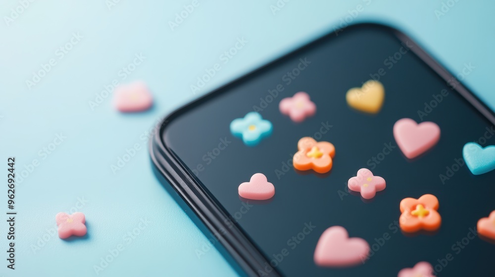 Poster close up of a smartphone screen displaying an active chat with colorful emojis.