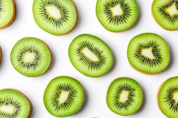 Fototapeta premium close up Kiwi fruit slice isolated on white background. Top view. Flat lay , ai