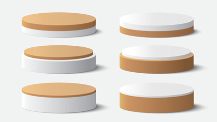 Collection of beige and white podium platform to show product on white background. Podium for product display presentation. Vector illustration