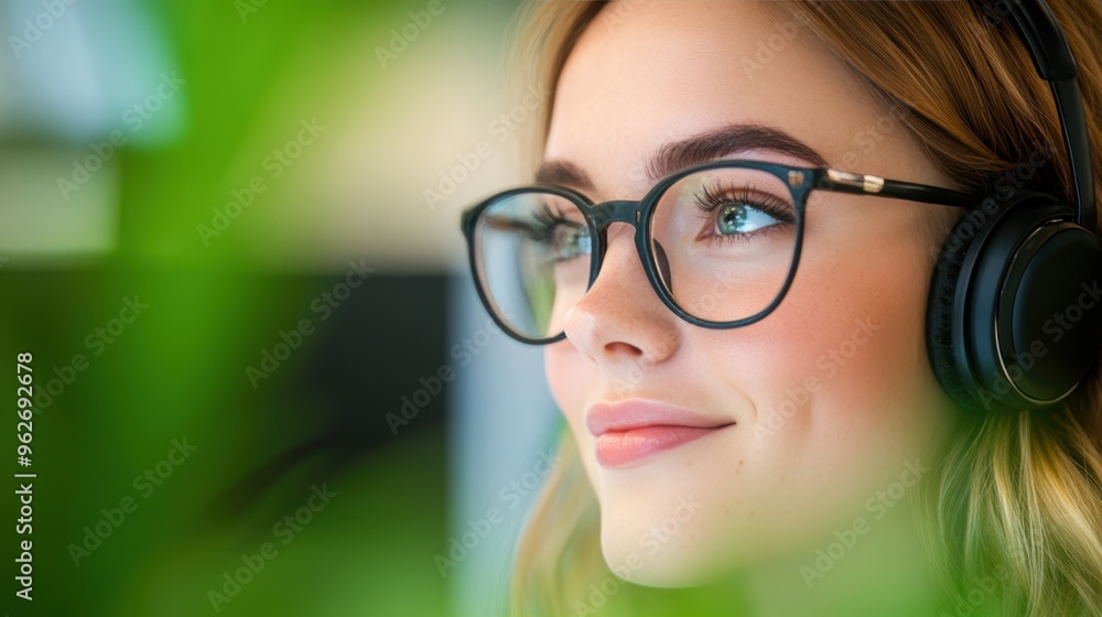 Poster a friendly and approachable customer service representative, smiling and listening attentively to a 