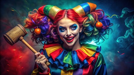 Vibrant portrait of a mischievous and chaotic female anti-hero, adorned in colorful jester attire, holding a mallet, and sporting a bold red and blue hairstyle.