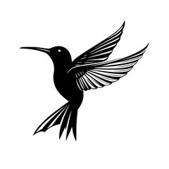 Fototapeta premium Hummingbird silhouette in mid-flight, Graceful black-and-white silhouette of a hummingbird in mid-flight, perfect for nature logos, wildlife designs, and branding. 