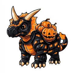 Fototapeta premium A triceratops with pumpkin armor, Halloween theme, orange and black colors, isolated on white background