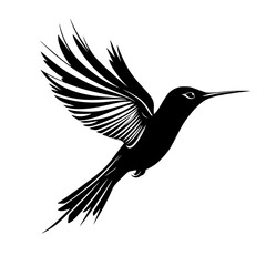 Obraz premium Hummingbird silhouette in mid-flight, Graceful black-and-white silhouette of a hummingbird in mid-flight, perfect for nature logos, wildlife designs, and branding. 