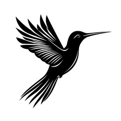 Obraz premium Hummingbird silhouette in mid-flight, Graceful black-and-white silhouette of a hummingbird in mid-flight, perfect for nature logos, wildlife designs, and branding. 