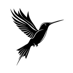 Fototapeta premium Hummingbird silhouette in mid-flight, Graceful black-and-white silhouette of a hummingbird in mid-flight, perfect for nature logos, wildlife designs, and branding. 