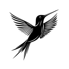 Fototapeta premium Hummingbird silhouette in mid-flight, Graceful black-and-white silhouette of a hummingbird in mid-flight, perfect for nature logos, wildlife designs, and branding. 