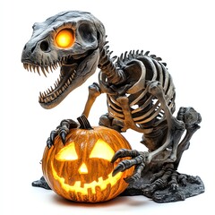Naklejka premium A dino skeleton with a glowing pumpkin, Halloween theme, eerie glow, isolated on white background
