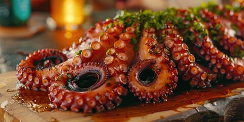 Close-up of octopus prepared in a regional style served on a classic wooden platter Genuine Mediterranean culinary experience