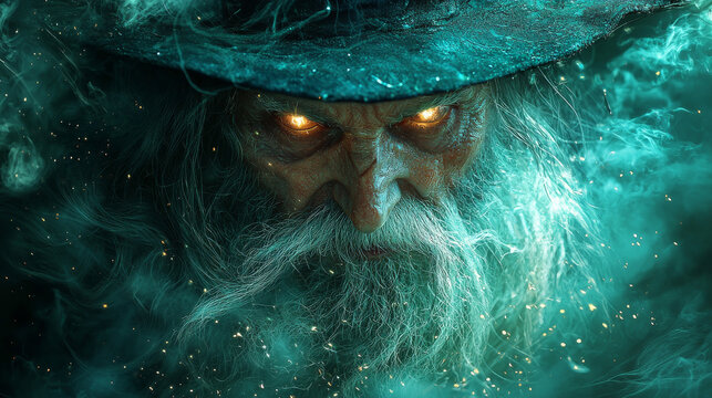 A menacing wizard with glowing eyes stares intensely through a veil of smoke.