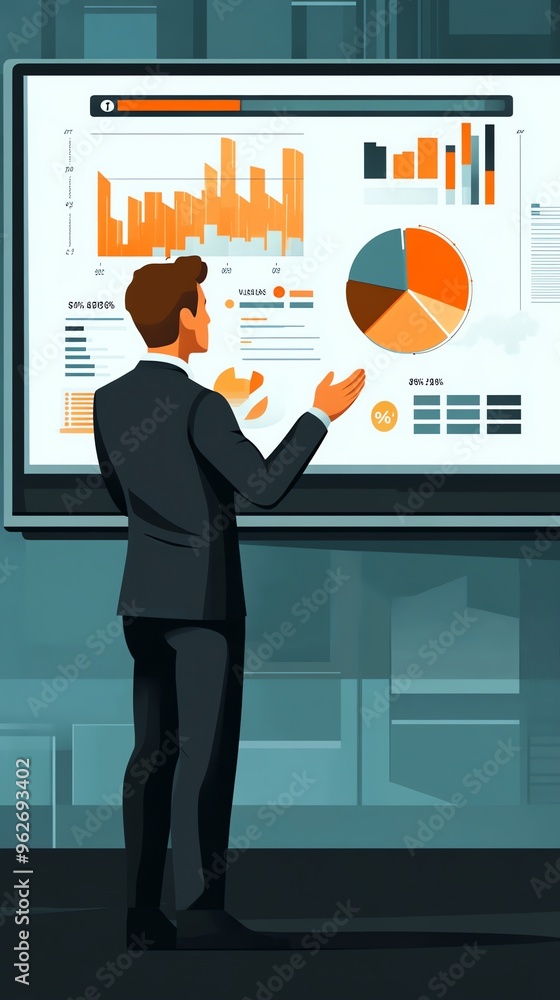 Poster a businessman presenting a data analysis on a large screen with bar charts and pie charts.