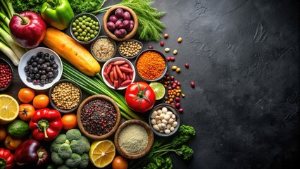 Fresh fruits, vegetables, and legumes set against a bold black backdrop, healthy, food, fresh, fruits, vegetables, legumes