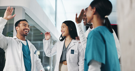 Healthcare, team and celebration in hospital for success, medical breakthrough and excited for...