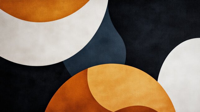 Abstract geometric background with bold colors of orange, white, and black, featuring curved shapes and modern design elements.