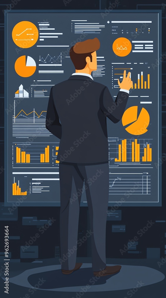 Poster a businessman stands in front of a large screen displaying various charts and graphs, analyzing data