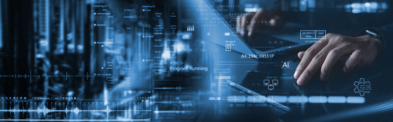 Computer engineer working on computer with server room, data center, big data storage as backgrounds, digital technology, database, IT support, AI and internet network, software technology