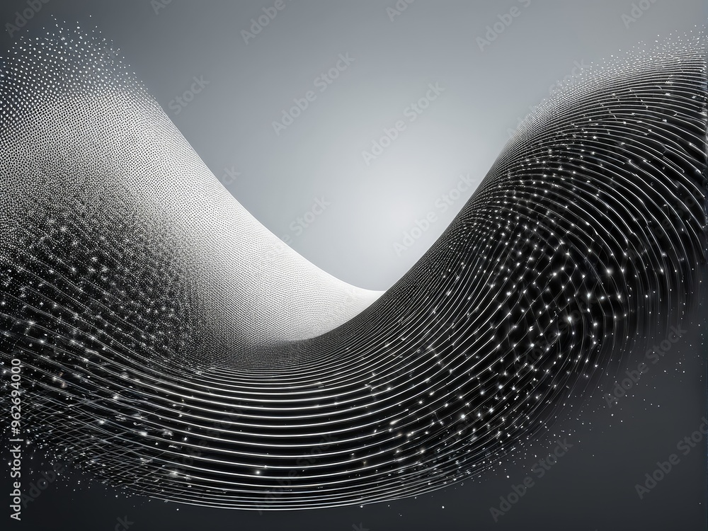 Poster abstract black and white wavy pattern with sparkling dots.