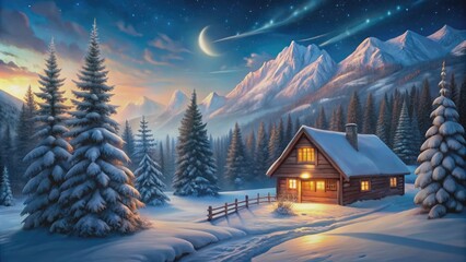 Winter night mountain valley with wooden cottage and firs in watercolor , winter, landscape, snowy night, mountain