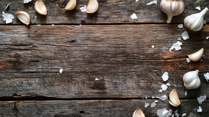 Fresh Garlic and Sea Salt on Rustic Wooden Table
