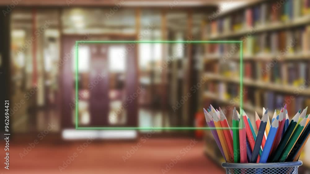 Poster green rectangular frame animating over blurred library background with colored pencils