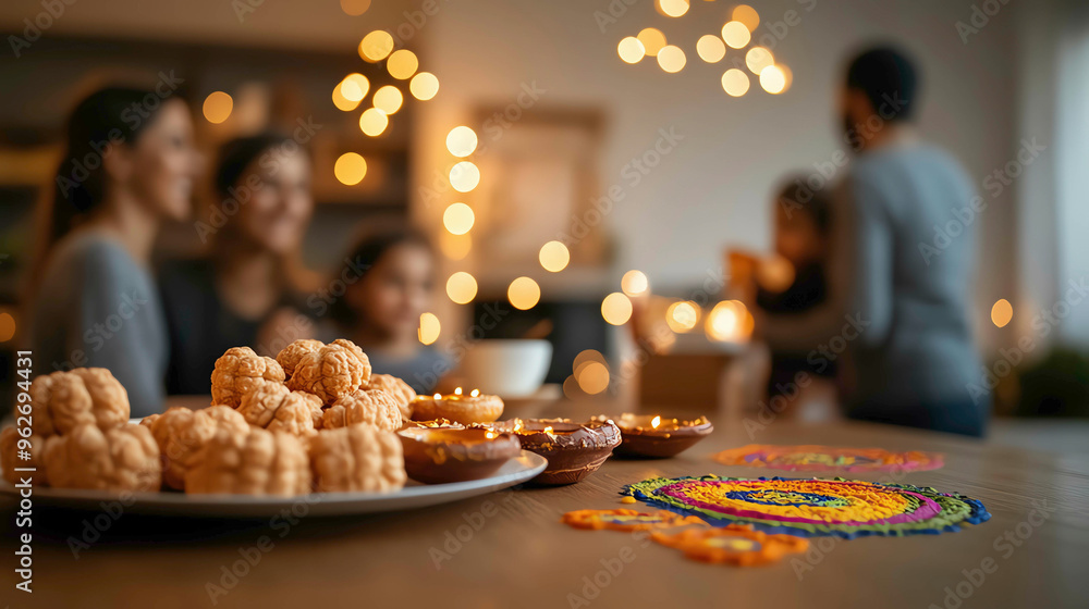 Wall mural a family gathered around a table filled with traditional diwali sweets, vibrant rangoli patterns and