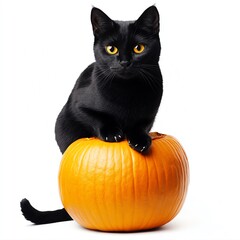A black cat sitting on a pumpkin, Halloween theme, eerie and mysterious, isolated on white background