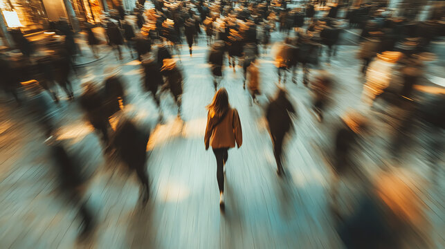 A lone woman walks through a bustling crowd, with motion blur creating a sense of movement and anonymity.