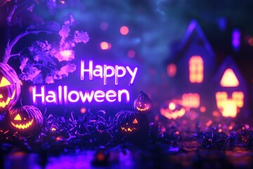 "Happy Halloween" purple text Effect helloween concept text, 3d rendering with generative ai