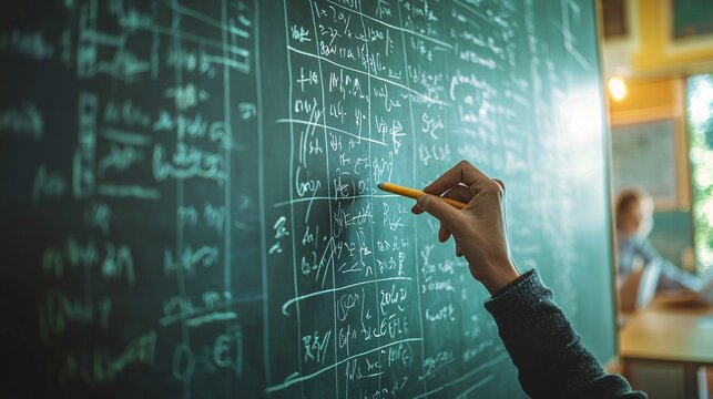 A hand deftly writes intricate algebraic formulas on a chalkboard, fostering an engaging educational environment.