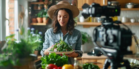 A food enthusiast demonstrates how to create a salad featuring peppery greens, radishes, and cucumbers in a cozy home setting with a houseplant in the background.