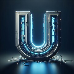 Futuristic glowing neon letter U with intricate metal structure.
