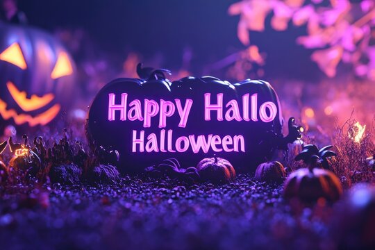 "Happy Halloween" purple text Effect helloween concept text, 3d rendering with generative ai