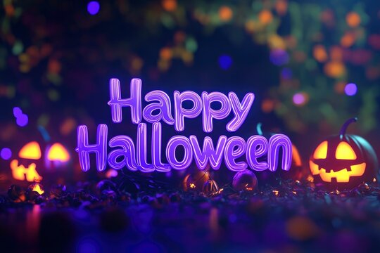 "Happy Halloween" purple text Effect helloween concept text, 3d rendering with generative ai