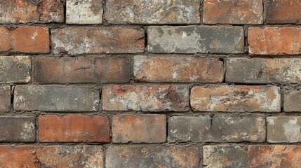 Obraz premium Close-up image of an old, weathered brick wall showing a mix of red and grey bricks, with signs of aging and texture variation.