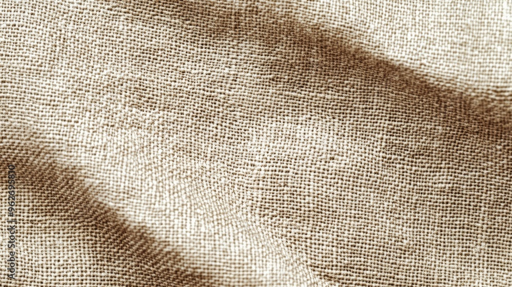 Poster close-up of a beige linen fabric with light and shadows, showing a detailed textured pattern, perfec