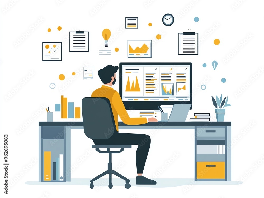 Poster a man sitting at a desk in front of a computer screen filled with data and graphs.