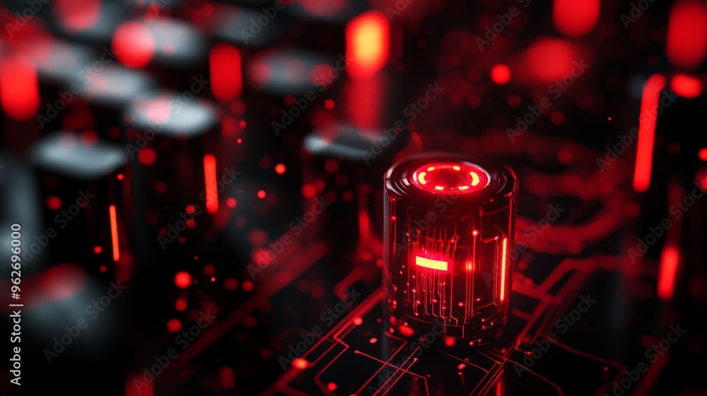 Poster close-up of a futuristic circuit board with glowing red lights, showcasing advanced technology and i