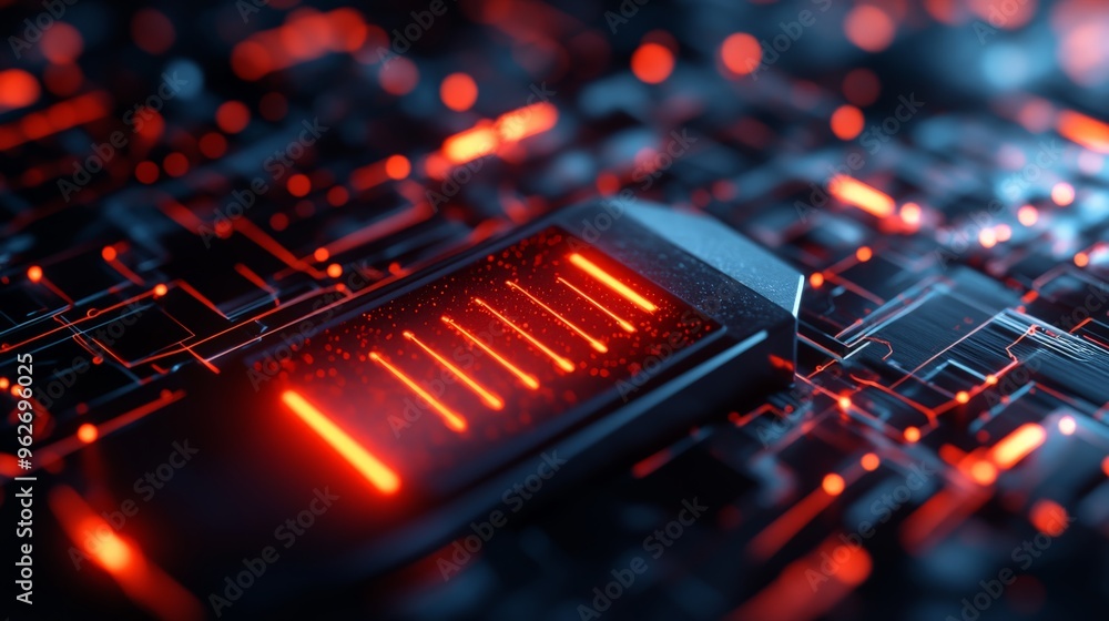 Poster close-up of a futuristic motherboard with glowing red lights, showcasing intricate electronic circui