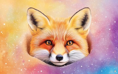 Obraz premium A vibrant and artistic portrayal of a fox's face emerging from a colorful, cosmic background, embodying creativity and whimsy.