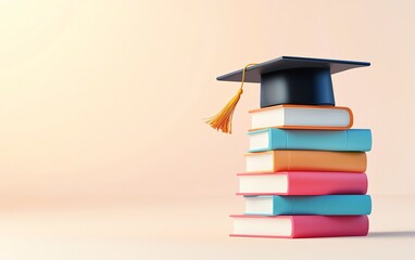 A stack of colorful books topped with a graduation cap, symbolizing education, knowledge, and academic achievement.