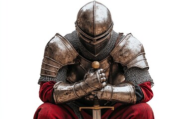 A medieval knight in shining armor sits contemplatively with a sword, symbolizing bravery, honor, and tradition.