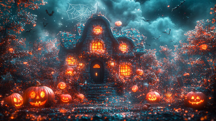 Obraz premium A spooky cottage with glowing pumpkins and bats in a forest.