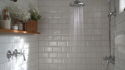 A modern shower space with white tiles and floral decor.