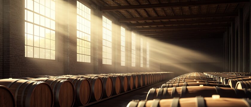 A serene winery interior showcasing rows of wooden barrels bathed in soft sunlight streaming through large windows.