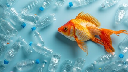 A conceptual image depicting a goldfish surrounded by plastic bottles, symbolizing water pollution. The vibrant orange of the goldfish contrasts sharply with the clear plastic, highlighting