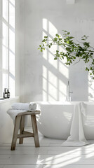  A MINIMALIST BathROOM WITH   beige walls and green plants in villa