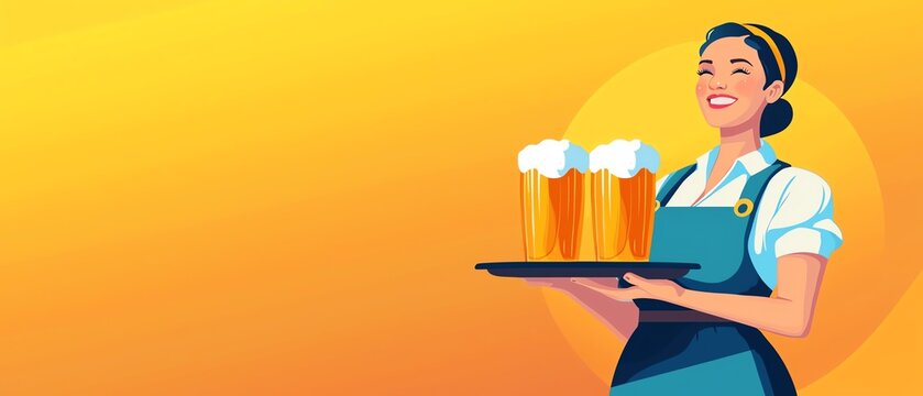 A cheerful waitress serves frothy beer glasses on a tray against a vibrant yellow background.