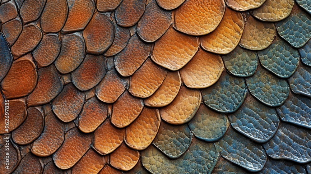 Poster close-up of colorful scale pattern background. shades of orange and blue create a unique, textured d
