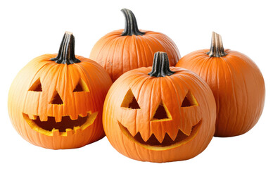 Four Carved Pumpkins with Faces, Isolated on White Background, Front View Halloween Concept
