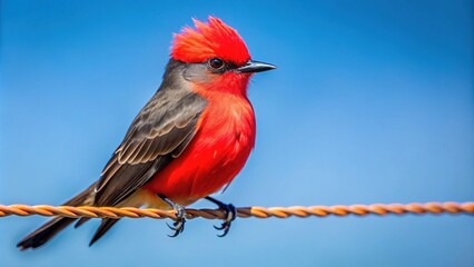 Vibrant vermilion flycatcher perches on a barbed wire fence, its bright crimson plumage and black wings a striking contrast against a cloudless blue sky backdrop.